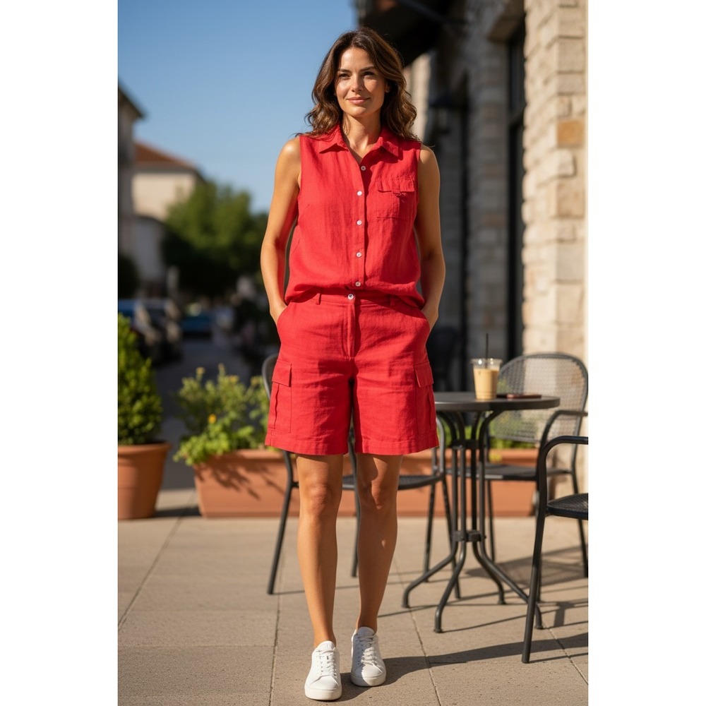 Canyon Road Linen Blend Short Set Women Red Sleeveless Cargo Utility XL